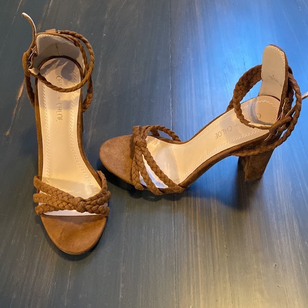 Chase + Chloe Braided Brown Suede Block Heel Sandals
